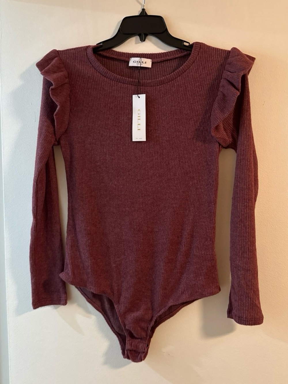 GILLI Women’s Long Sleeve Ruffle One-Piece in Mauve